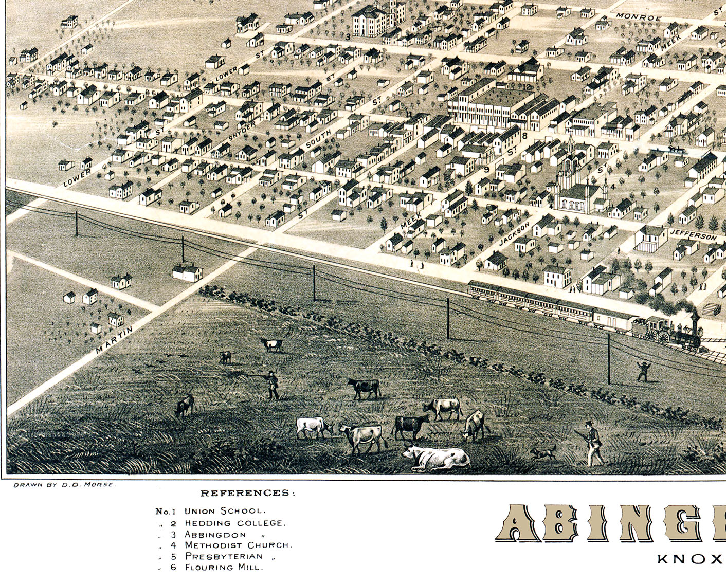 Abingdon, Illinois in 1874 Bird's Eye View, Map, Aerial, Panorama
