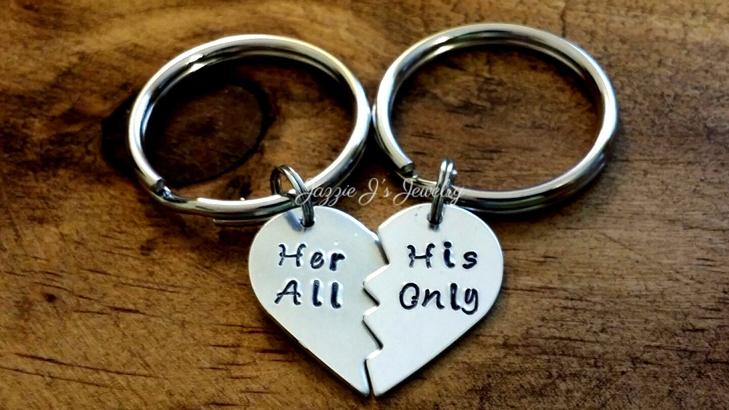 pair of her all his only hand stamped split heart keychain couples