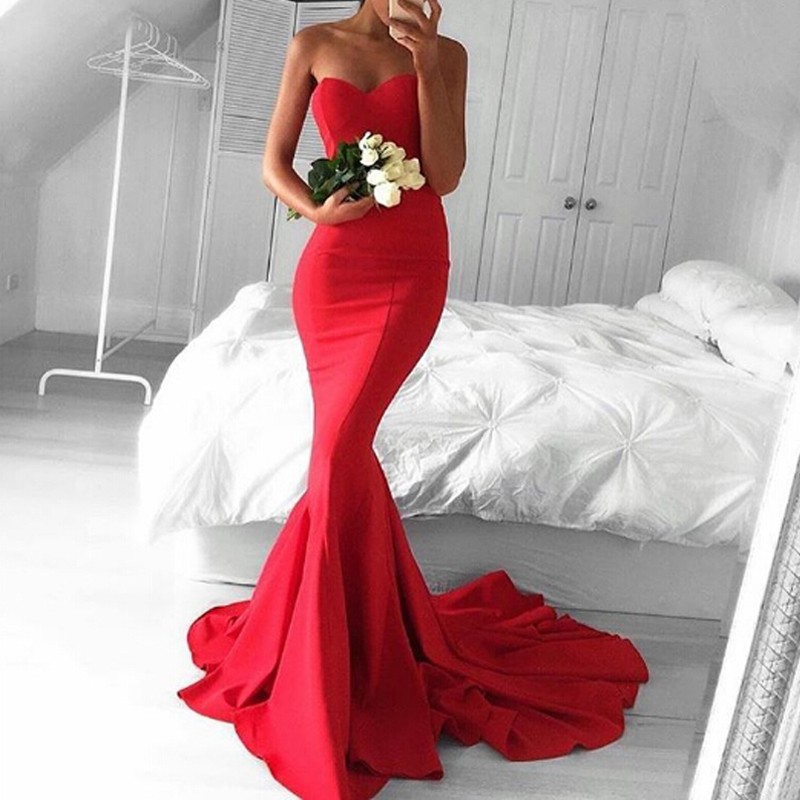 Simple Mermaid Sweetheart Backless Red Sweep Train Prom Dress ... Simple Mermaid Sweetheart Backless Red Sweep Train Prom Dress ...