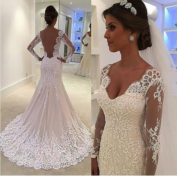 long sleeve v back wedding dress