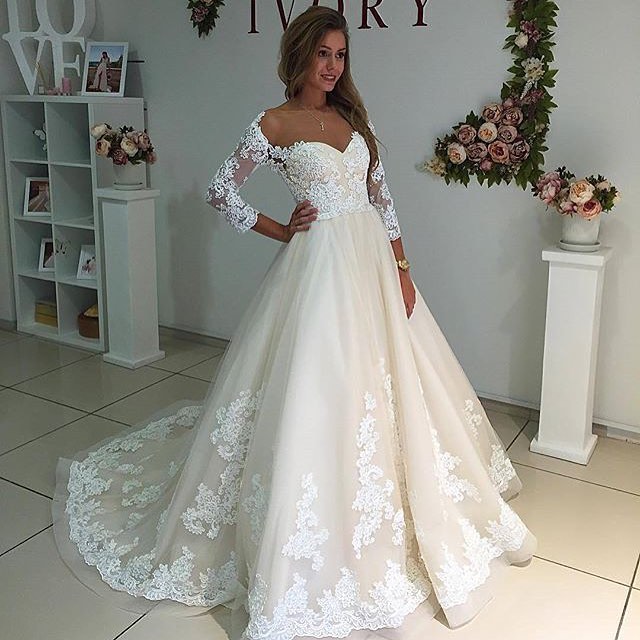 P206 Gorgeous A Line Three Quarter Sleeves White Lace Wedding