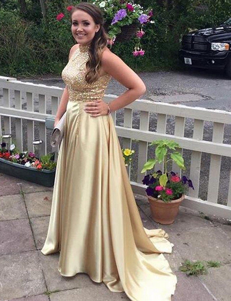 gold halter prom dress