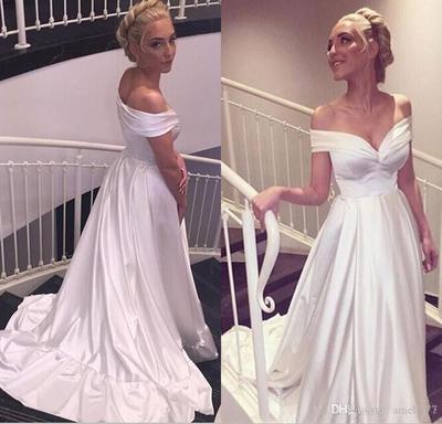 White Off Shoulder A-line Long Satin Beach Wedding Dresses,Simple Cheap ...