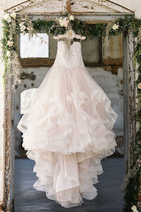 unique tulle lace long lace tulle wedding dress, tulle champagne lace