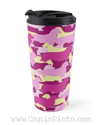 Dachshund Camo Metal Travel Mug Cup Tea Coffee Drink Camouflage Pink Purple Magenta Cream Violet Weenie Doxie Wire Long Smooth Coat Silhouette Gift Canis Picta Fine Pop Art Online