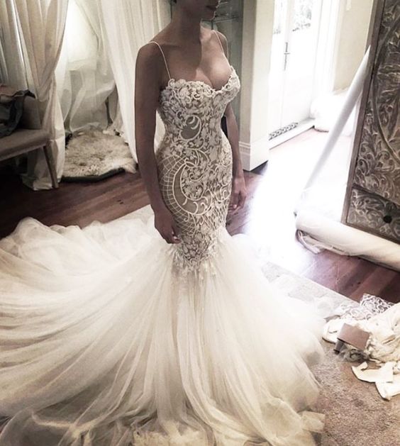 mermaid lace wedding dress with spaghetti straps