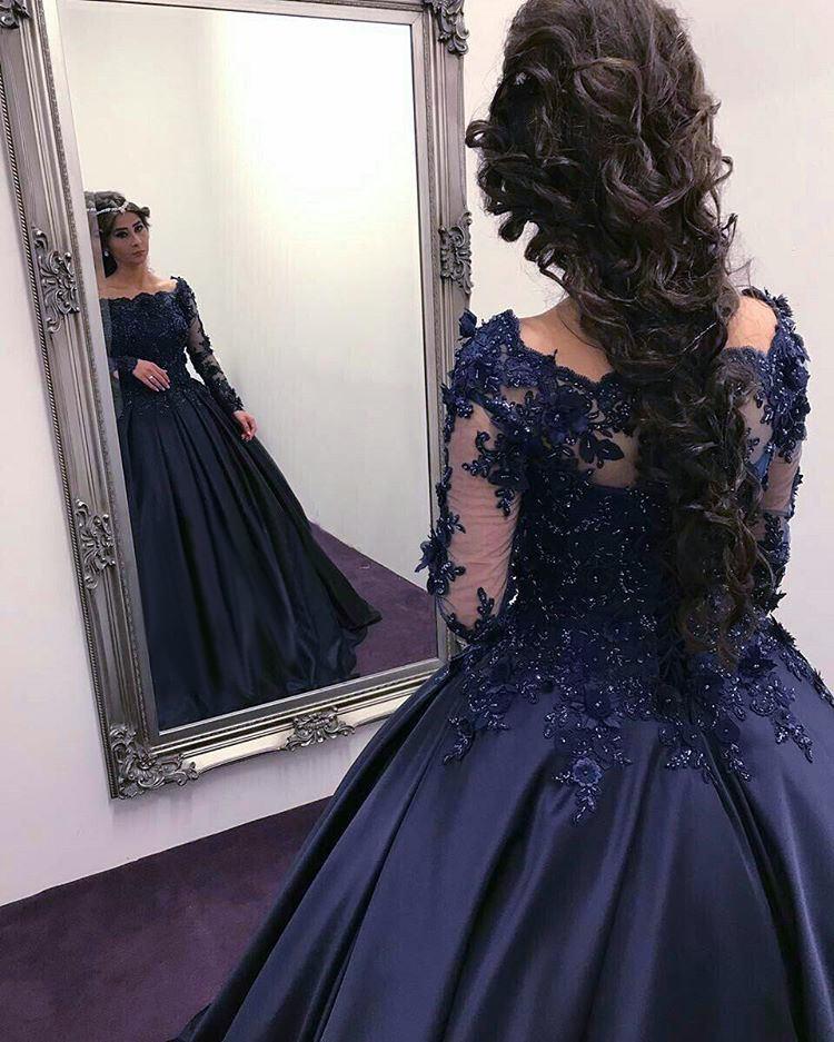 Navy Blue Satin Wedding Dresses Ball Gowns Lace Long