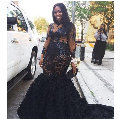 2019 African  Plus  Size  Prom  Dresses  Long Appliques Sheer 