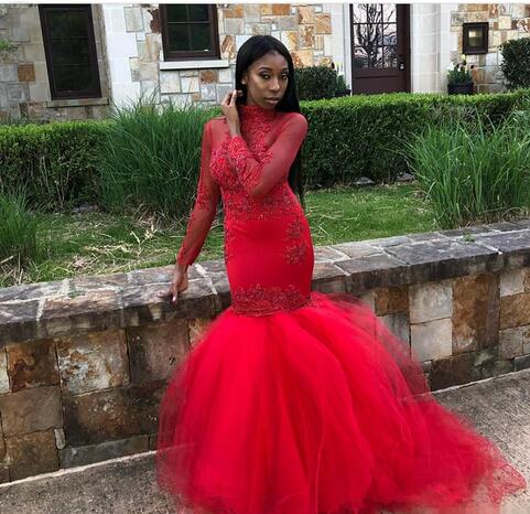 red long prom dresses 2019 mermaid long sleeves