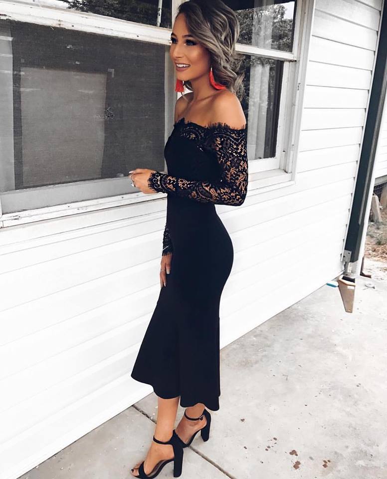 Black Lace Tea Length Dresses