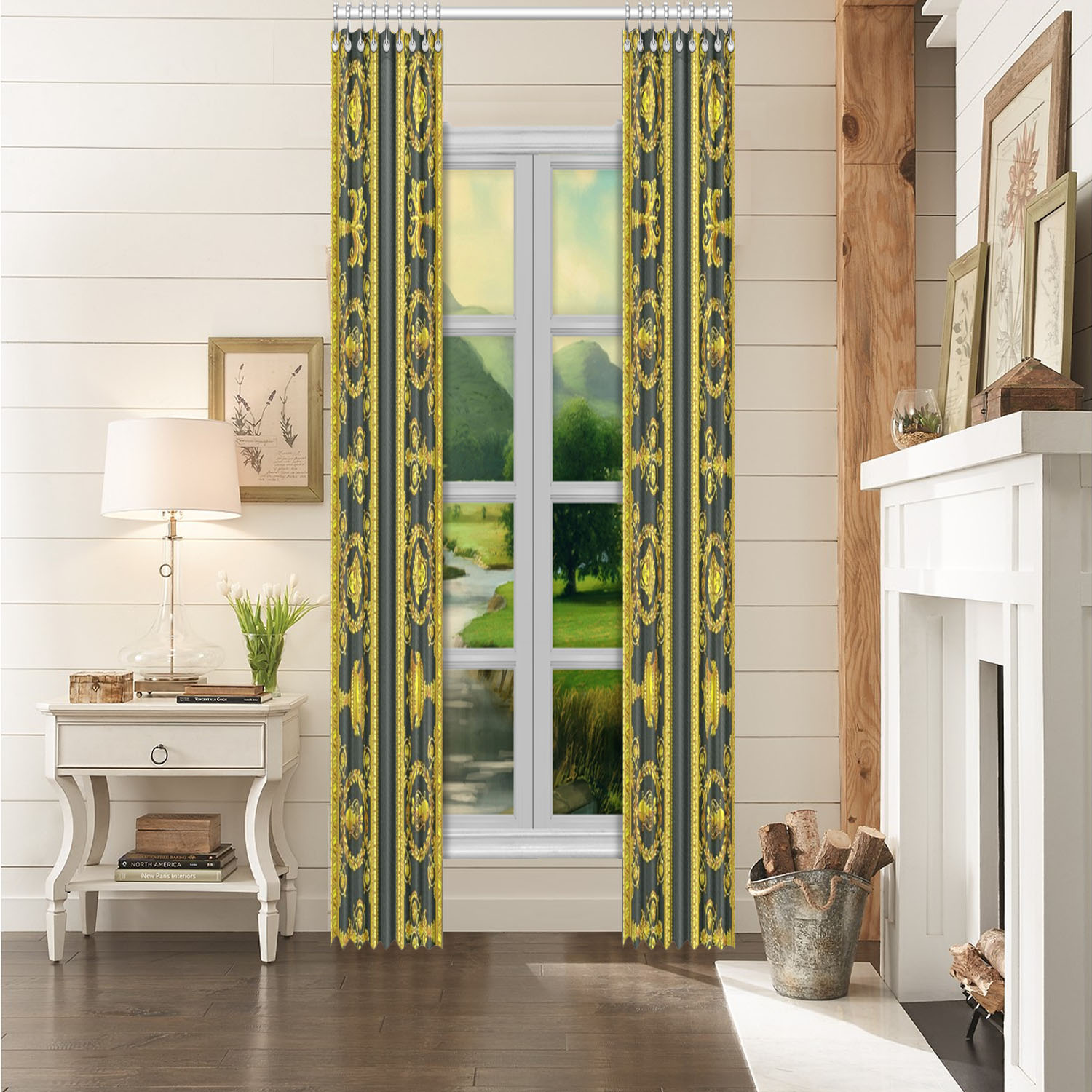 Versace Luxury Window Curtains Gold Black Two Piece 52 X120 50