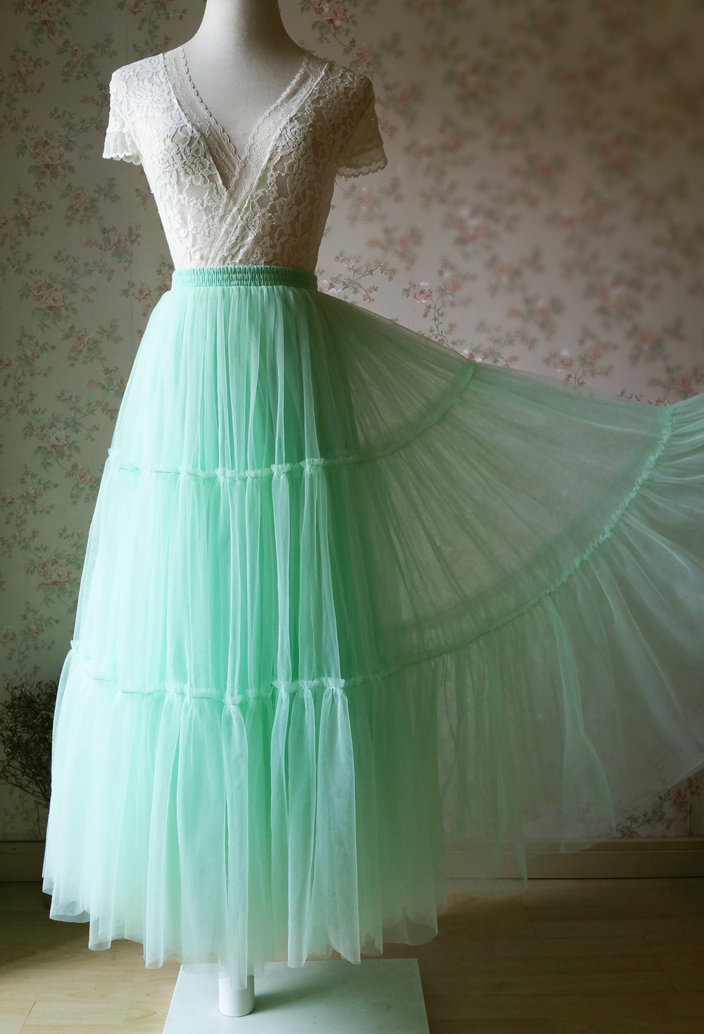 Women Mint Green Tiered Elastic High Waist Tulle Skirt Outfit Mint