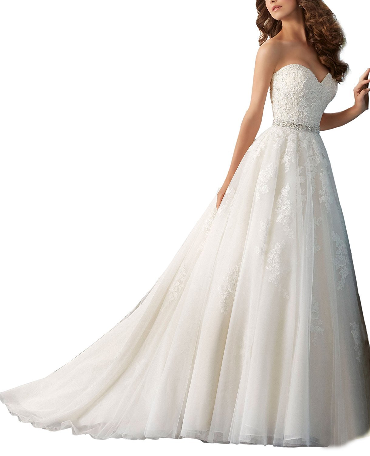 Strapless A Line Long Tulle Wedding Dress Lace Appliques Women
