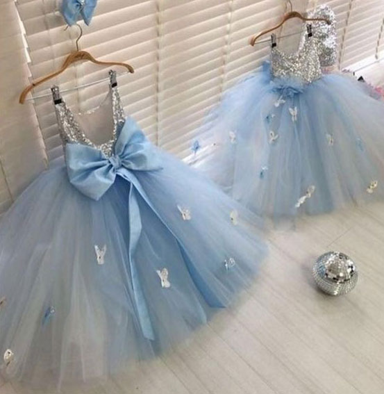 grey blue flower girl dress