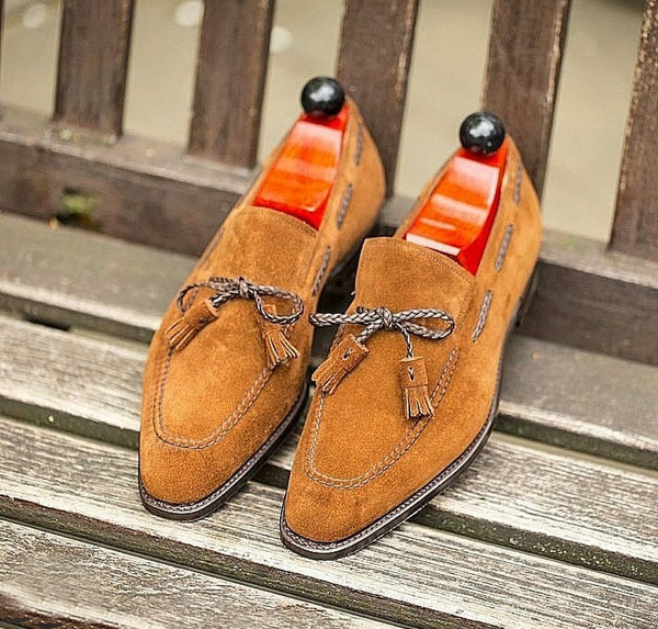 Handmade Men's Tassels Shoes, Men's Tan Brown Color Suede Tassels Casual loafer Shoes on Storenvy