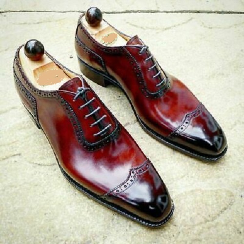 Shiny Burnished Wing Tip Maroon Tone Superior Leather Lace Up Men