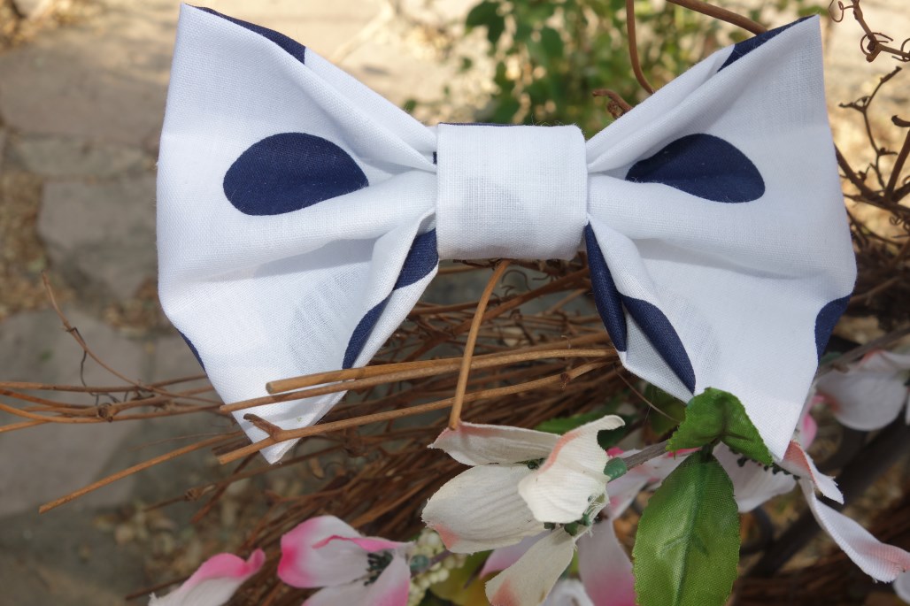 Hair Bow White W Navy Blue Polka Dots Infinite Created