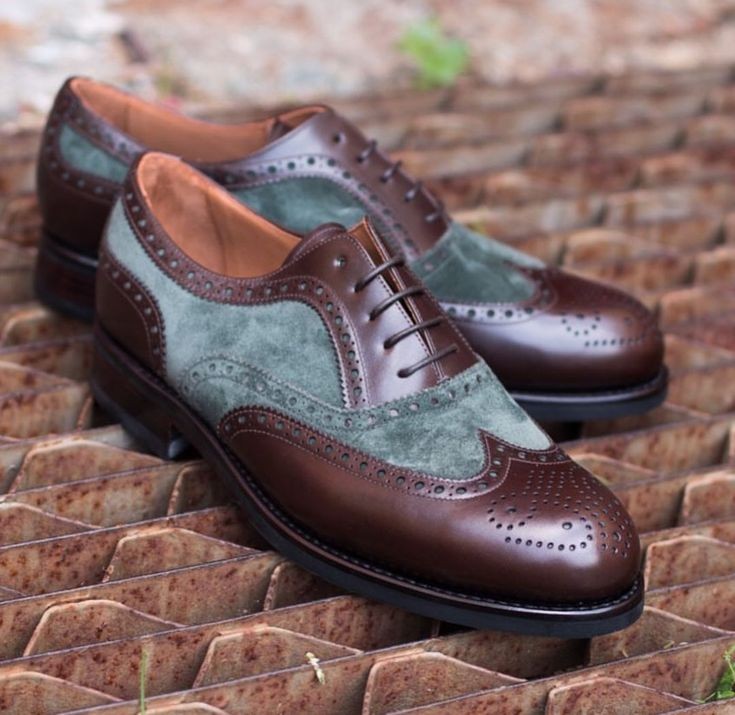 Handmade Gray&amp;Brown Leather&amp;Suede Wing Tip,Lace Up Shoes