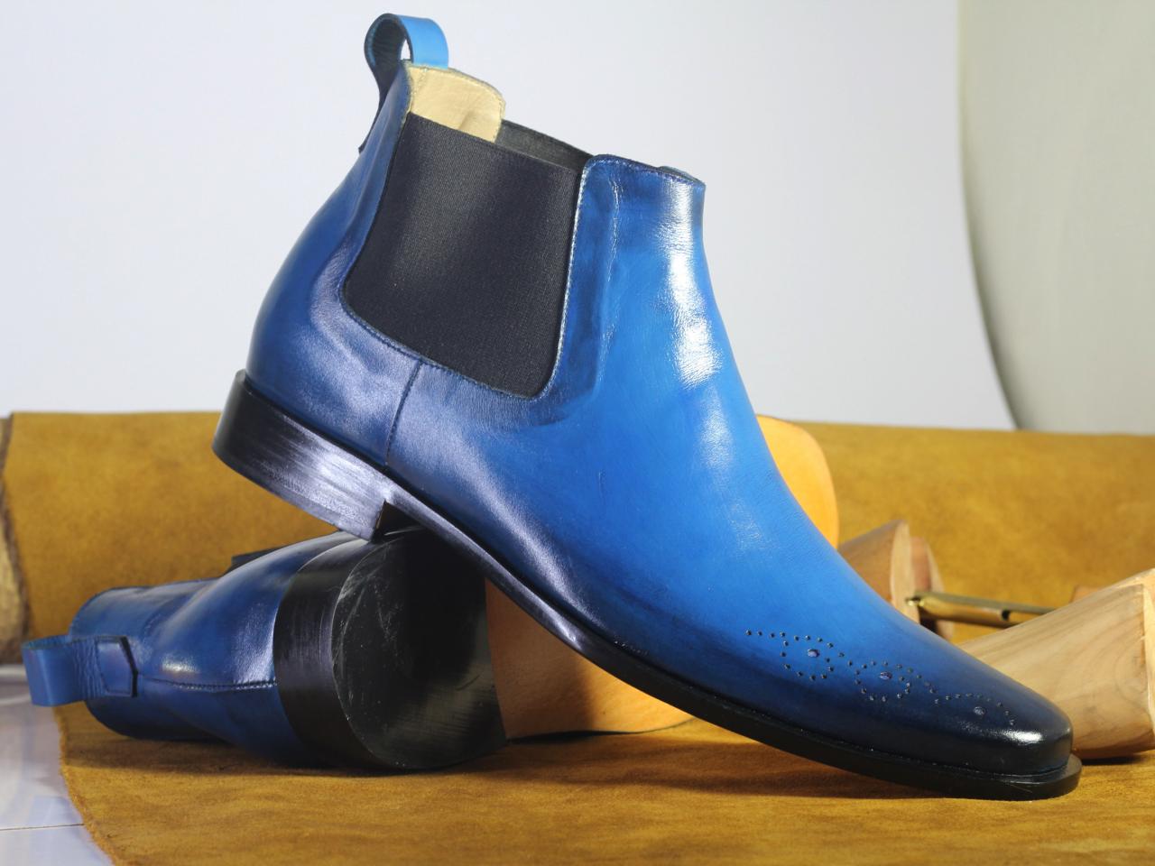Handmade Men's Half Ankle Blue Boots, Men Chelsea Leather Fashion
