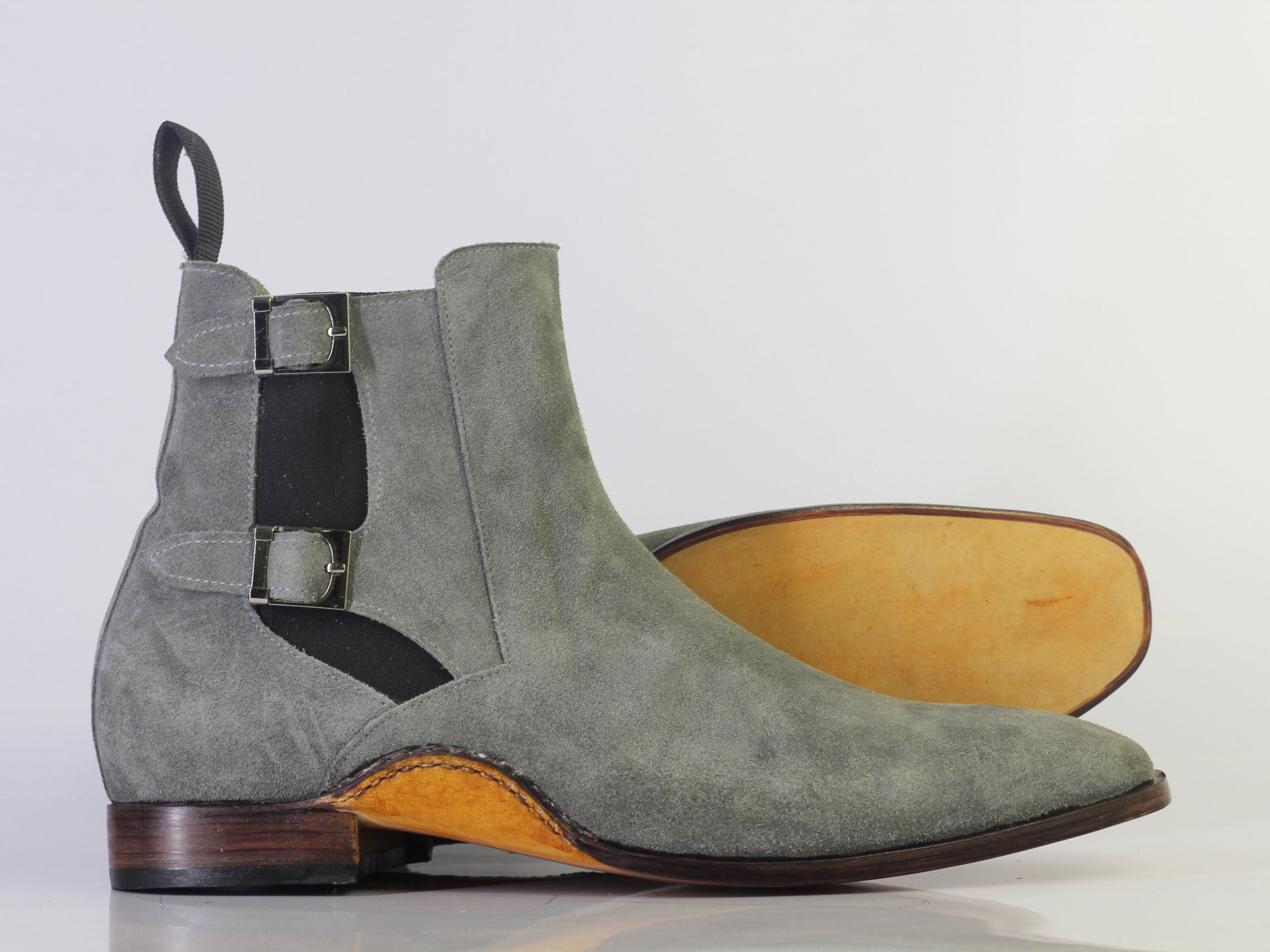 Handmade Men's Gray Suede Buckle Up Boots, Men Ankle High Designer