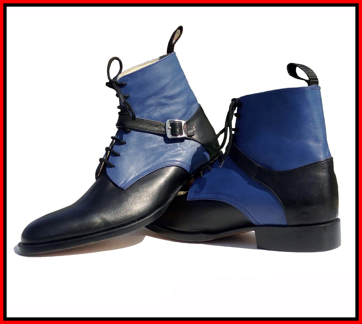 Handmade Black & Blue ankle high Buckle Strap Lace Up Boots for men's