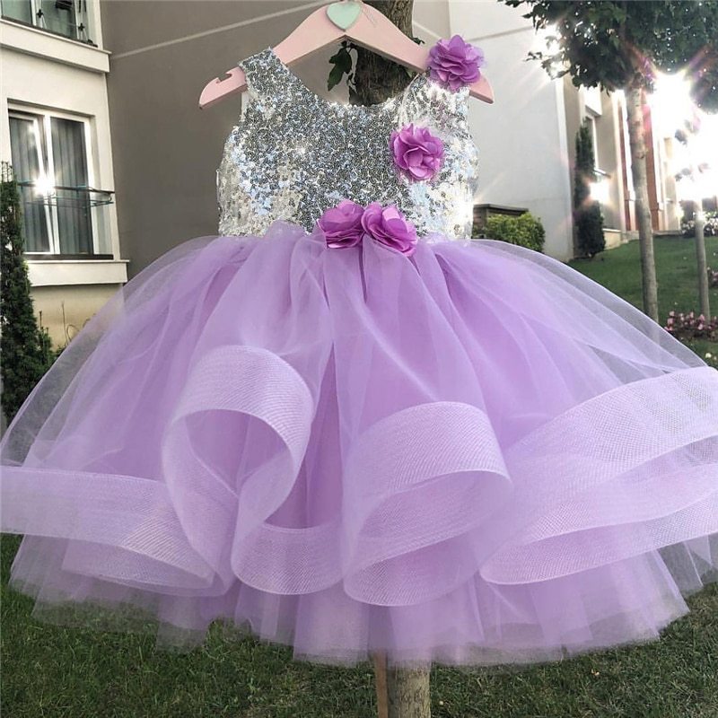 purple and silver flower girl dresses